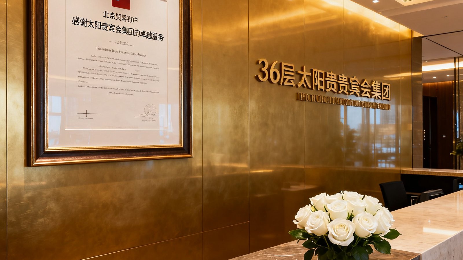 北京国贸三期36层太阳贵宾会集团总部前台区域，暖金色灯光下墙面悬挂着装裱精美的瑞士客户感谢信，前台台面摆放着新鲜的白玫瑰与集团标志性深酒红色皮质签到簿