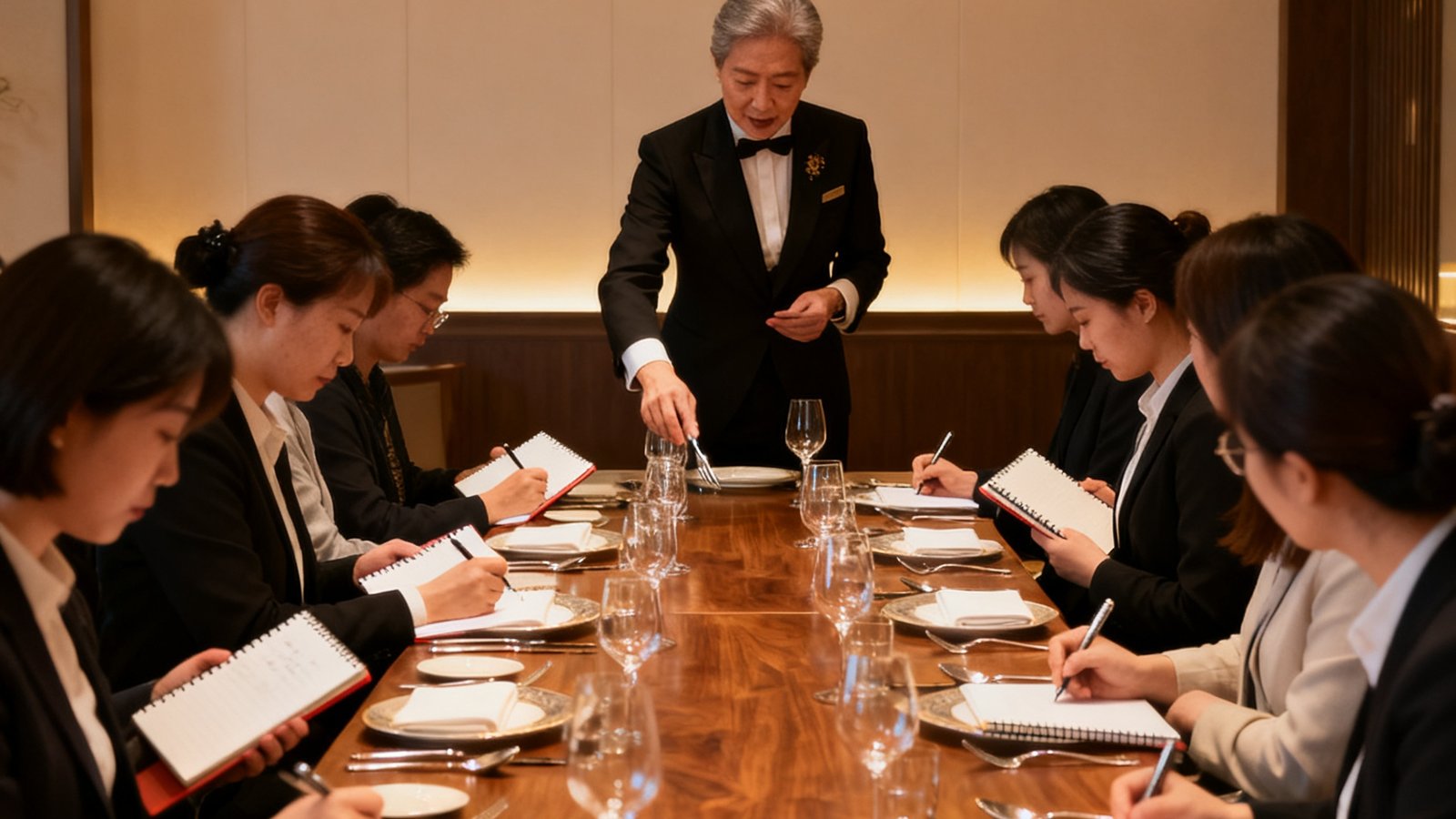 太阳贵宾会集团培训室内，一位资深礼仪导师正在长餐桌前向十几名学员示范正式西式晚宴的餐具摆放和使用规范，学员们认真记录